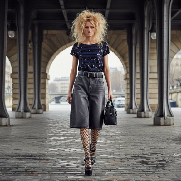 Joe Navy Blue Sequin Stripe Stretch Cotton T-Shirt | Boat Neck - Picture 8 of 16